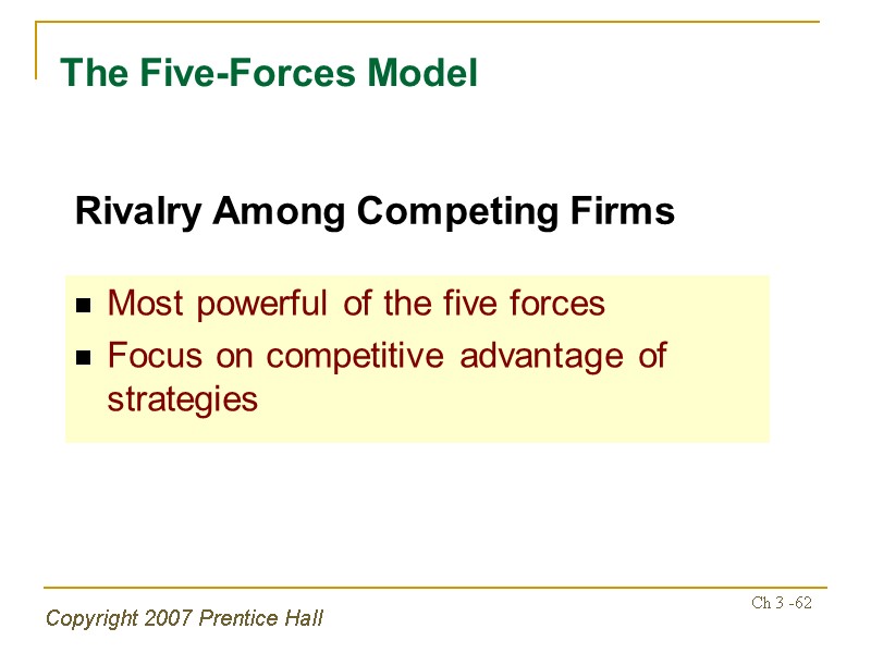 Copyright 2007 Prentice Hall Ch 3 -62 The Five-Forces Model Most powerful of the